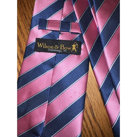 Wilson & Bow Mens Tie Pink Striped Silk Hand USA Preppy Career Spring Academia - Picture 5 of 7